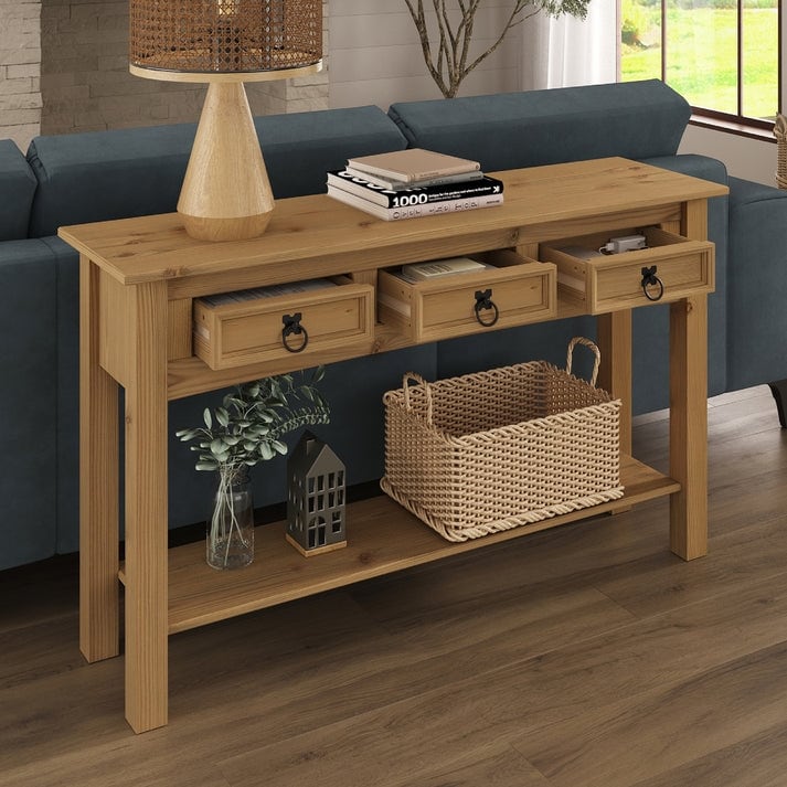 Solid Pine Wood Console Table With 3 Drawers - 47.99in W x 12.64in D x 28.82in H
