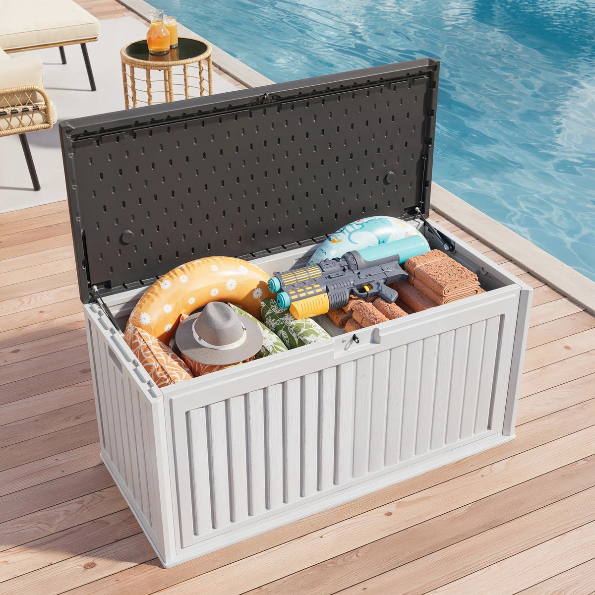 Asofer Resin Deck Box, 100 Gallon, Beige/Brown, 50.4in L x 24.8in W x 25.2in H
