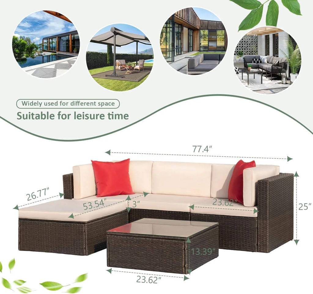 Devoko 5-Piece Outdoor Sectional Patio Sofa Set With Cushions And Glass Table - Beige