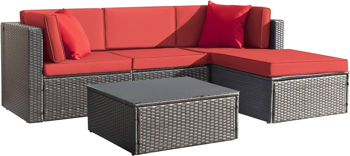 Devoko 5-Piece Outdoor Sectional Patio Sofa Set With Cushions And Glass Table - Beige