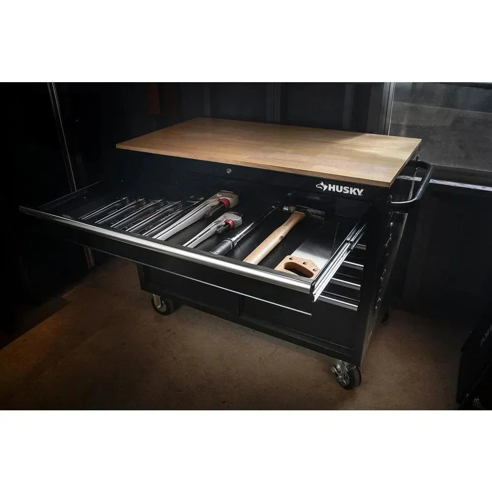Husky Mobile Workbench With 9 Drawers, Hardwood Top And Power Connection, 117 cm W x 62 cm D - High-Gloss Black