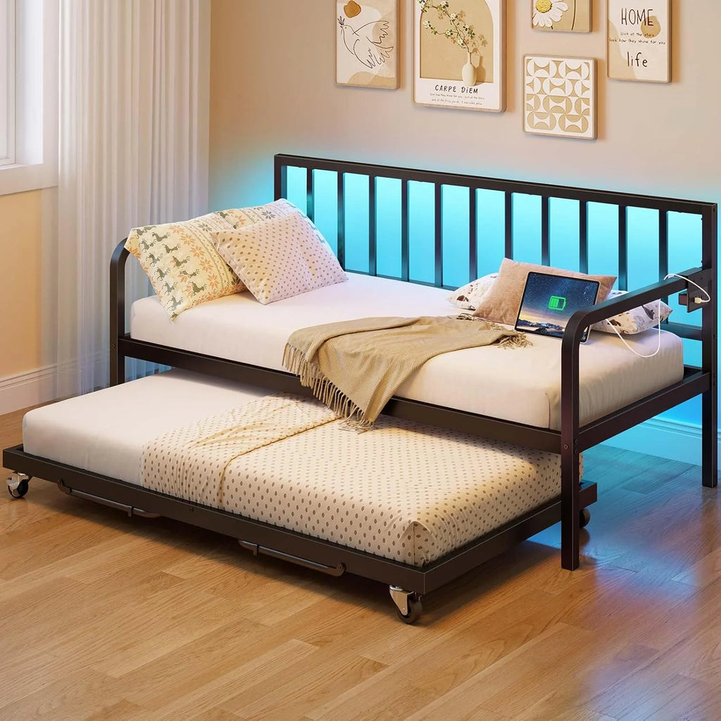 Rolanstar Twin Height-Adjustable Metal Daybed With Trundle, Charging Station And LED Lights