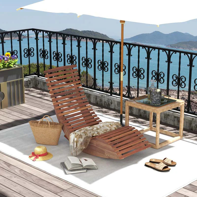 Acacia Wood Outdoor Patio Rocking Chair With Widened Slatted Seat And High Back