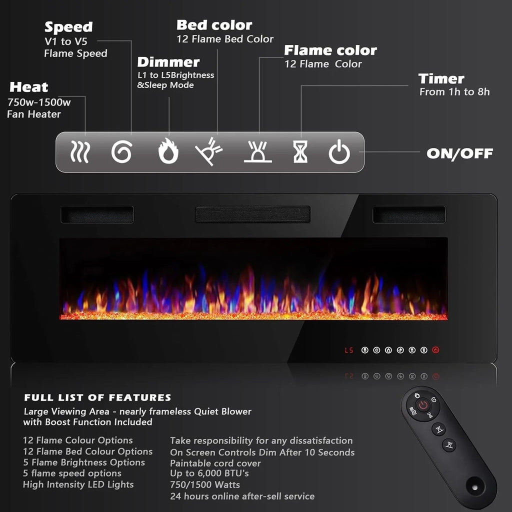 Ultra-Thin Linear Electric Fireplace, 30-72 Inch, Wall Mounted/Recessed