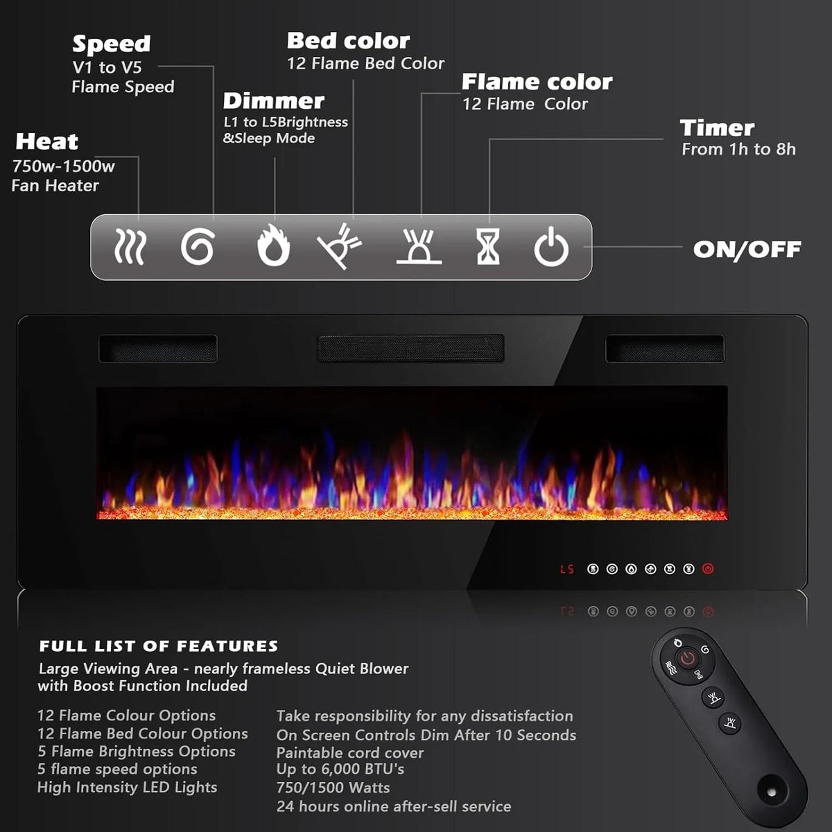 Ultra-Thin Linear Electric Fireplace, 30-72 Inch, Wall Mounted/Recessed