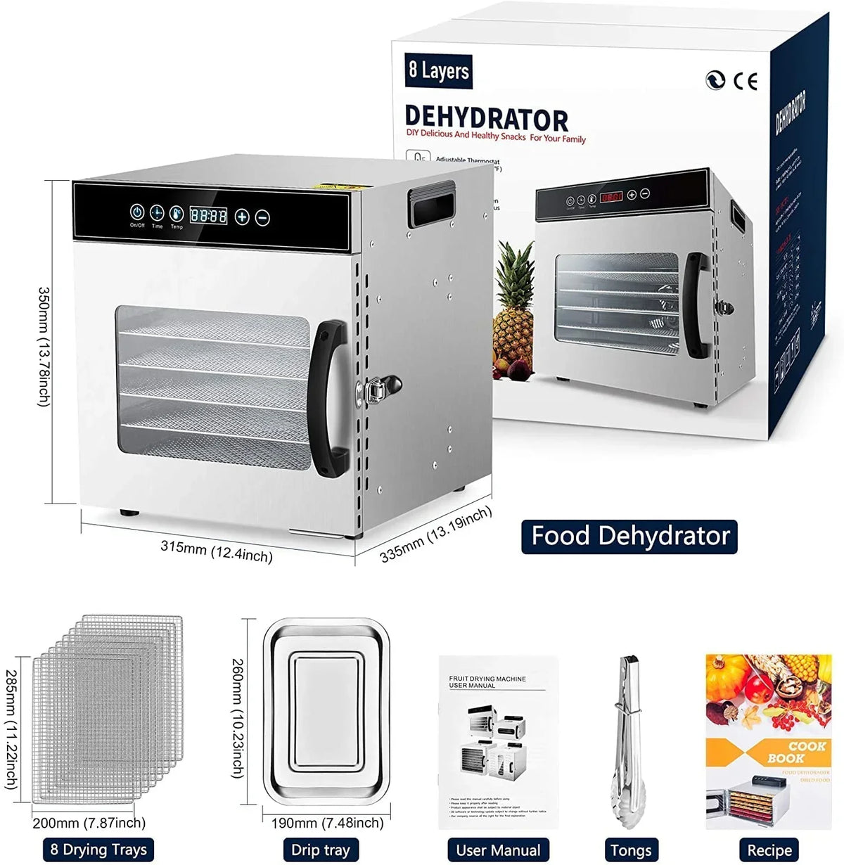 Food Dehydrator, 8 Tiers, 500W Stainless Steel, 30~90C, 24hr Digital Timer