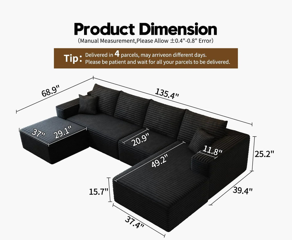 Settab Modular Sectional Sofa, 2 Seater Left-Facing Chaise, Black, 68.9 inch D x 107.5 inch W x 36.3 inch H