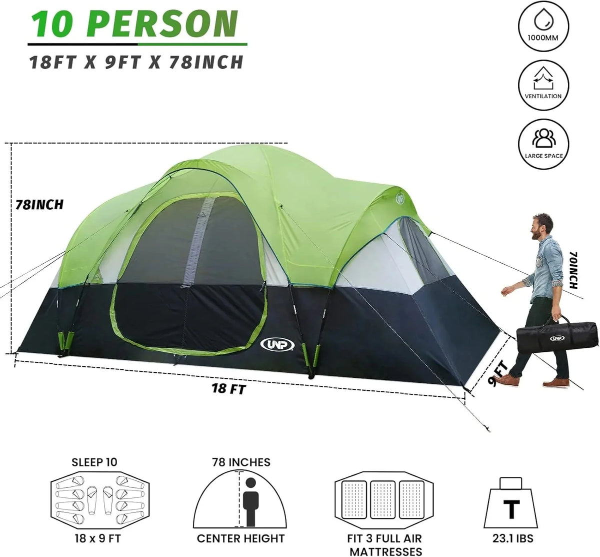 unp 10-Person Camping Tent, 18ft x 9ft x 78in, 2 Rooms, 5 Mesh Windows