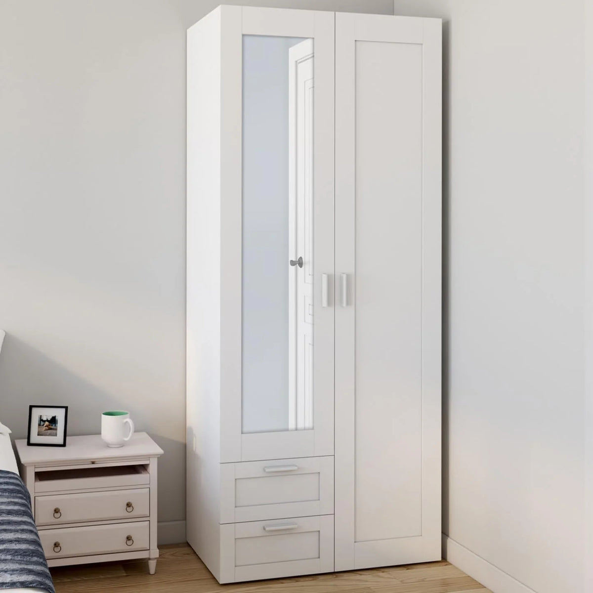 IDMarket VITO 2-Door Wardrobe With 2 Drawers, Mirror And Shelves, White, 80 cm - VITO