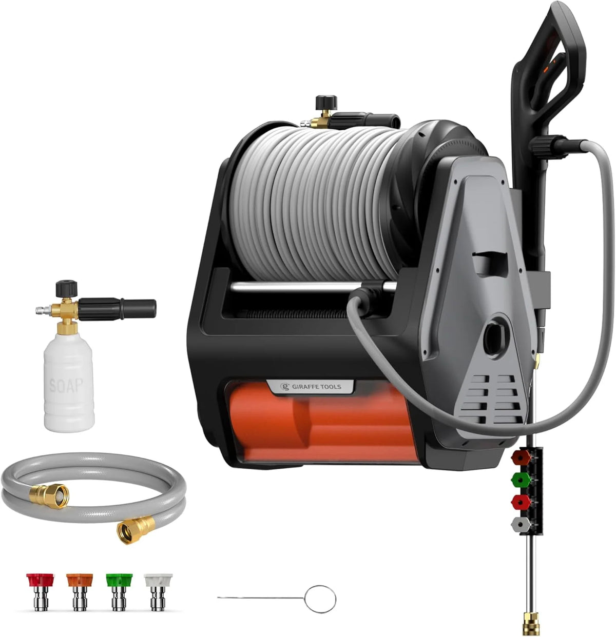Giraffe Tools Wall-Mount Electric Pressure Washer, 3300 PSI, 1.6 GPM, 100 ft Hose, Dark Silver - Pro