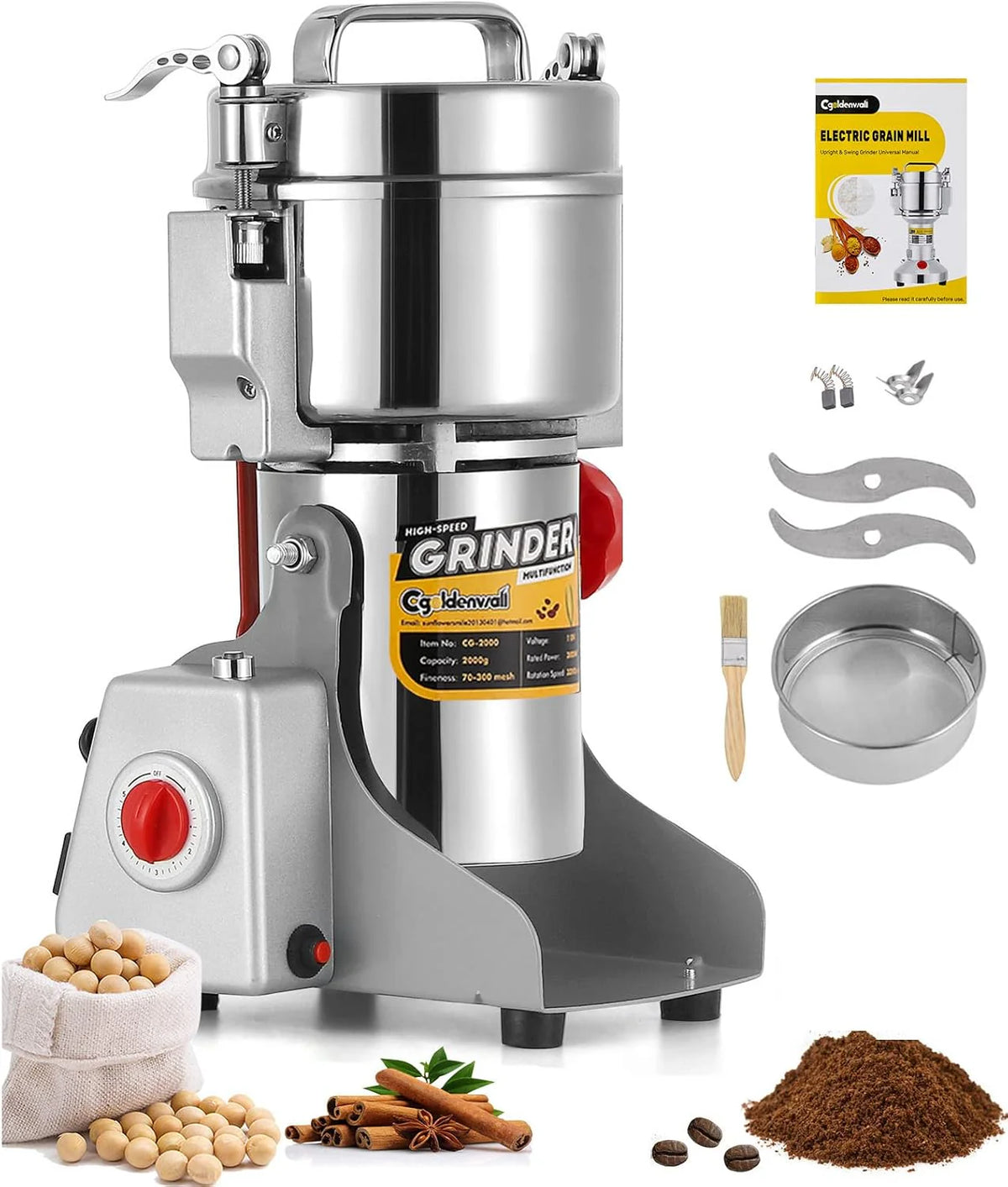 Electric Grain Grinder 3600 Watts 2500g Swing Type Stainless Steel 110V