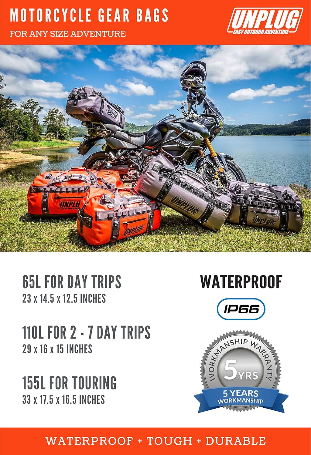 UNPLUG Waterproof Duffel Backpack, 65L, Adventure Orange - 100000