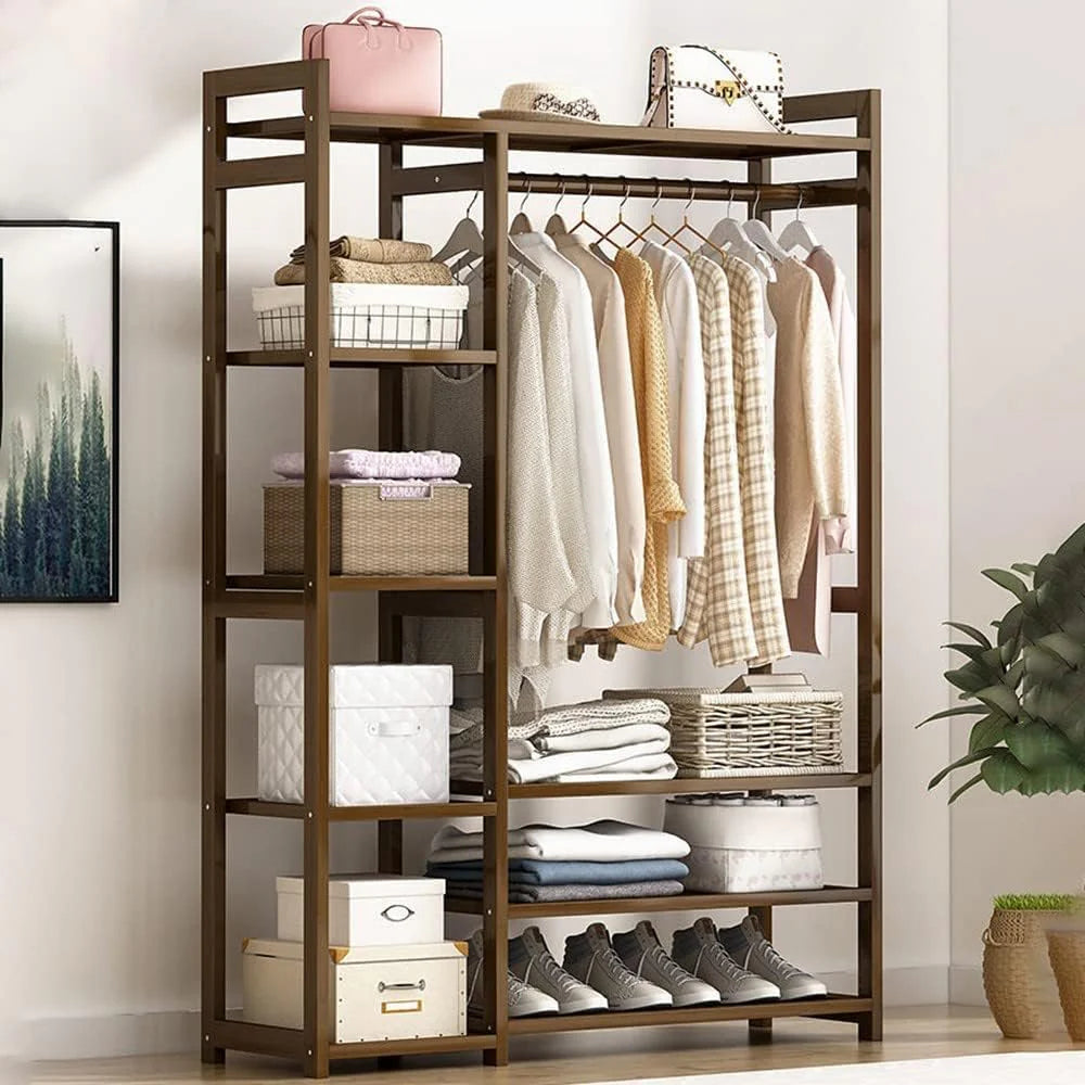 Rotating Bamboo Coat Rack With Storage Shelves And Compartments