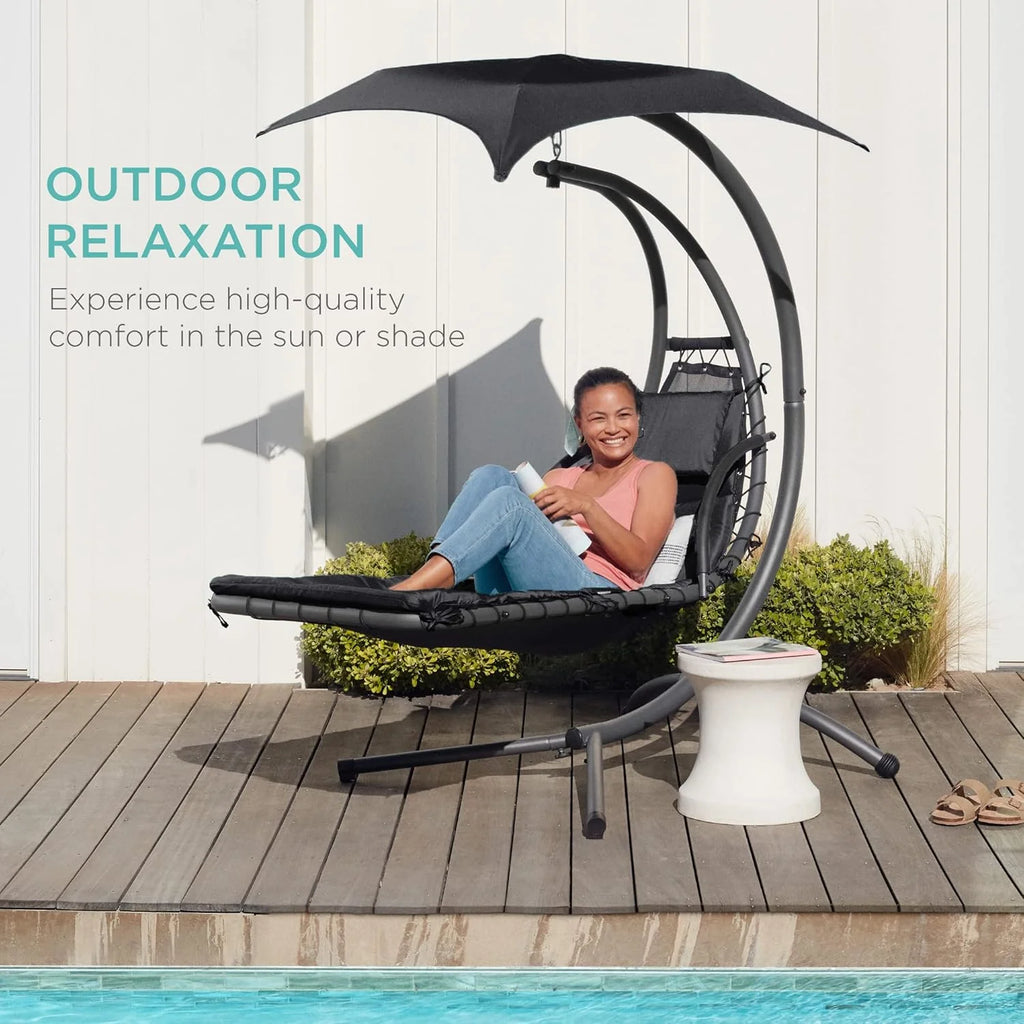 Best Choice Products Outdoor Hanging Steel Chaise Lounge Chair With Canopy, Charcoal Gray - SKY5871