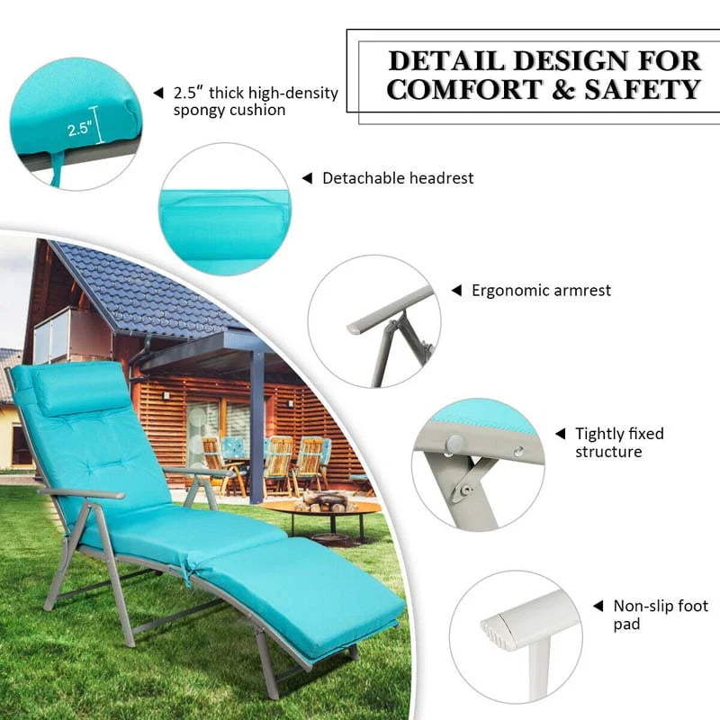 7 Position Folding Outdoor Chaise Lounge Chair With Cushion And Pillow
