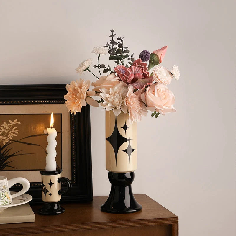 Glazed Ceramic Decorative Vase And Candle Holder Set