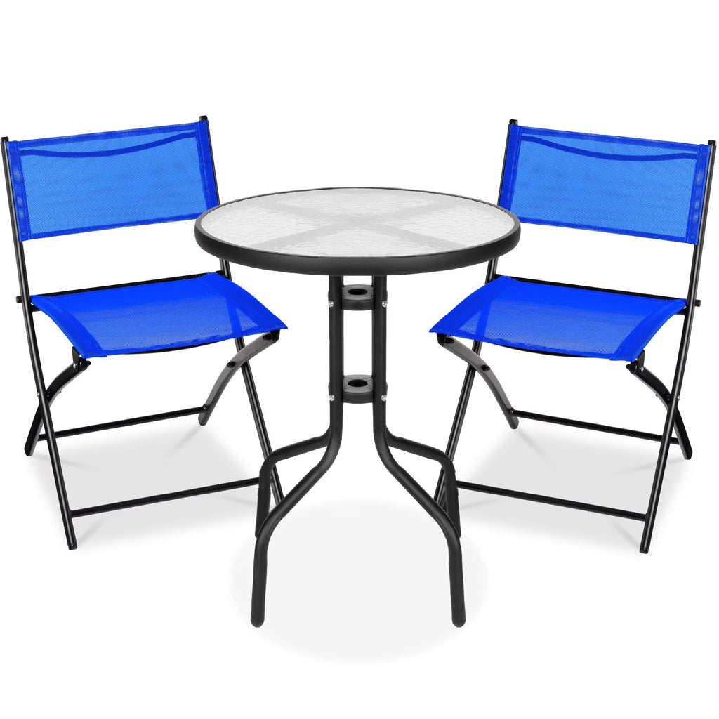 Best Choice Products 3-Piece Patio Bistro Dining Set With Glass Tabletop And Folding Chairs - Gray