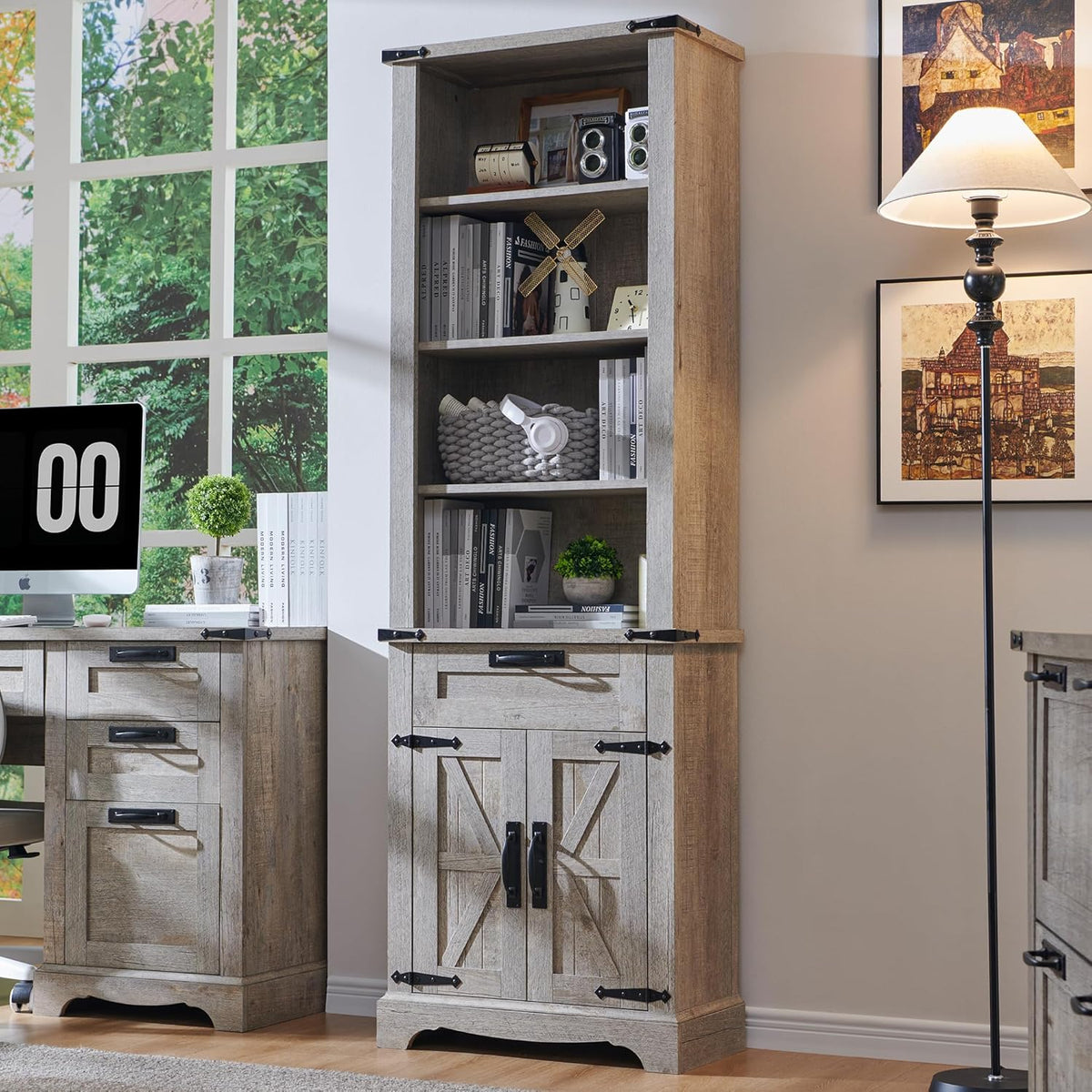 Bookcase With 2 File Drawers, 4 Shelves, 23.5in D x 23.6in W x 72in H - Antique White