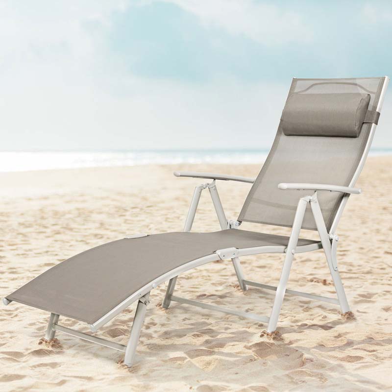 7 Position Folding Outdoor Chaise Lounge Chair With Cushion And Pillow