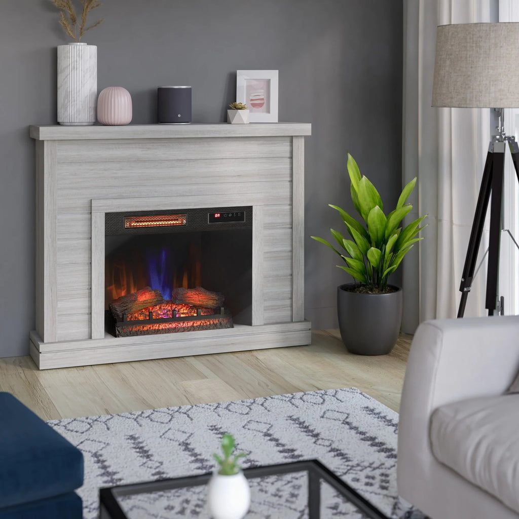 Shiplap Wall-Mounted Electric Fireplace Mantel, 52 inch, 28 Inch Insert, 3D Flame Effect