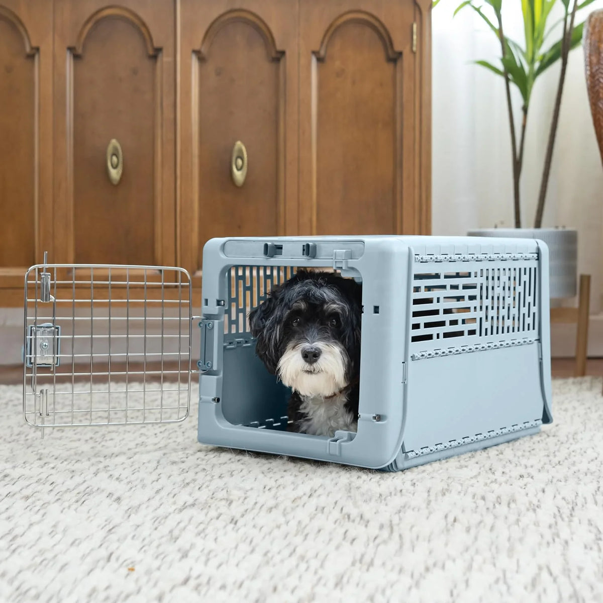 SportPet Designs Plastic Airline Approved Rolling Dog Kennel With Wire Door, XXX-Large, Gray, 48in L x 32in W x 36in H