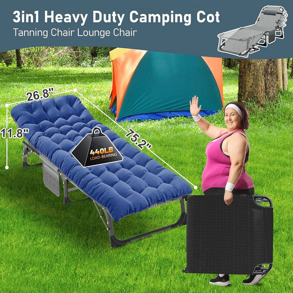 Slsy 5-Position Adjustable Folding Lounge Chair And Cot - 75.2" x 25.6" x 11.8"