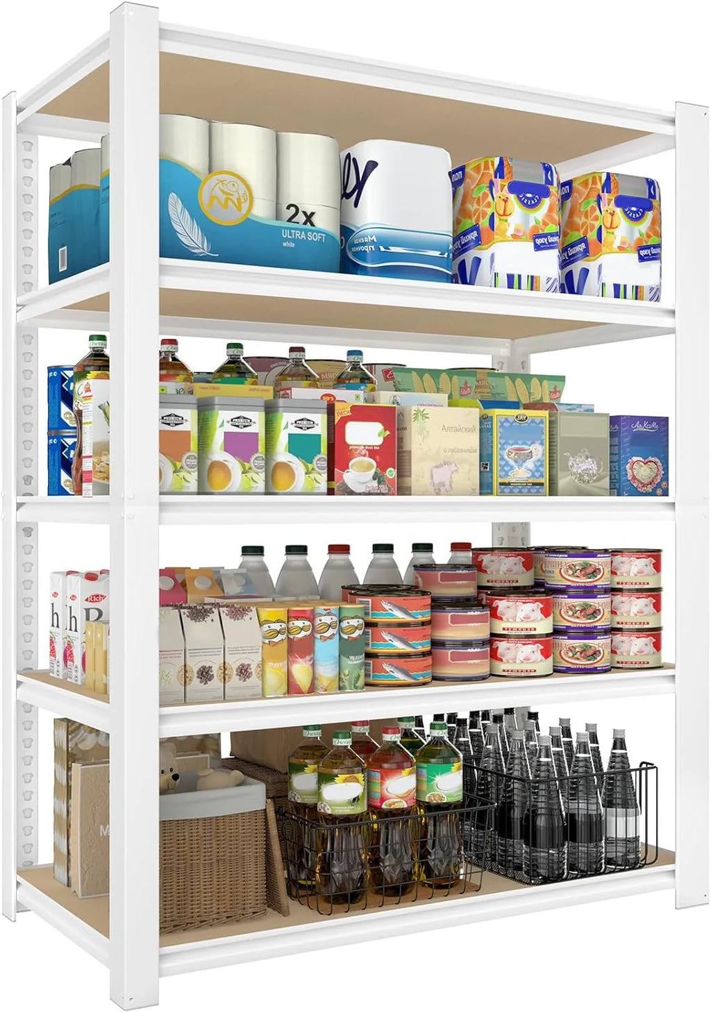 White Adjustable Storage Rack, 28 inch W x 12 inch D x 59 inch H, 5 Shelves - 4-Piece Set