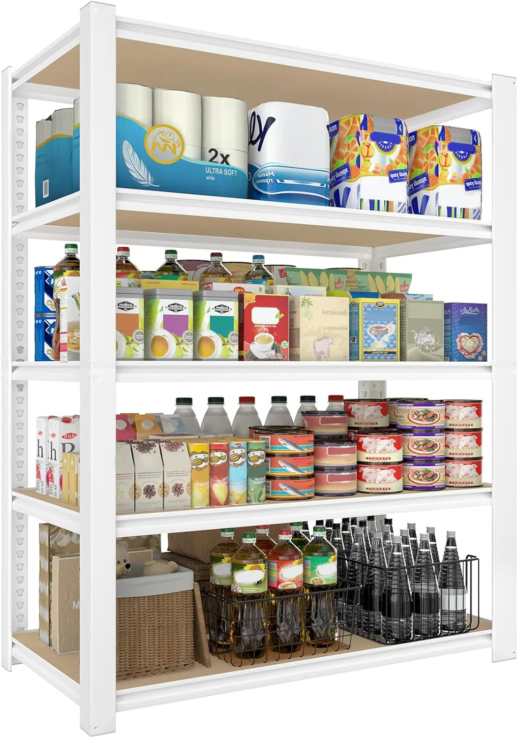 White Adjustable Storage Rack, 28 inch W x 12 inch D x 59 inch H, 5 Shelves - 4-Piece Set