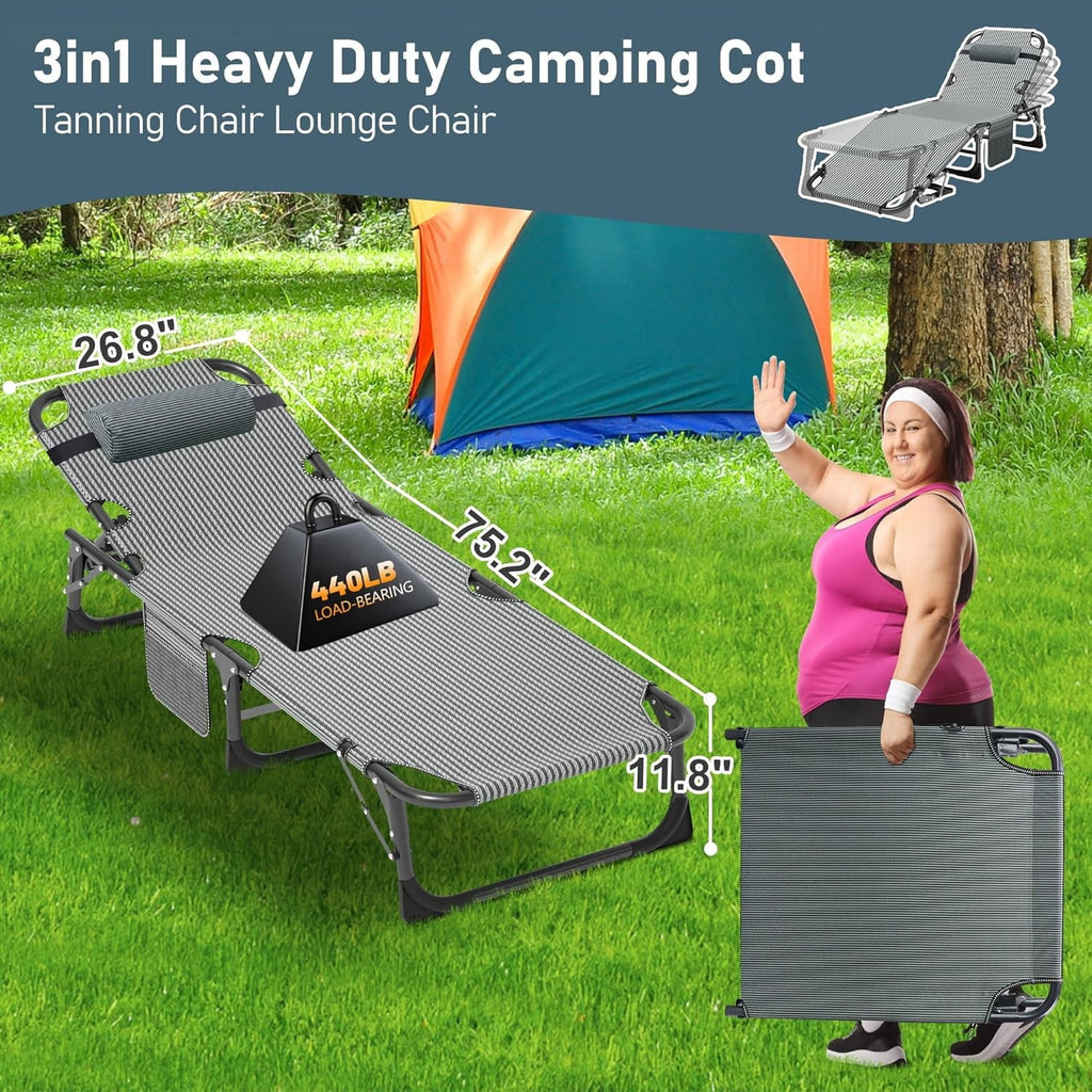 Slsy 5-Position Adjustable Folding Lounge Chair And Cot - 75.2" x 25.6" x 11.8"
