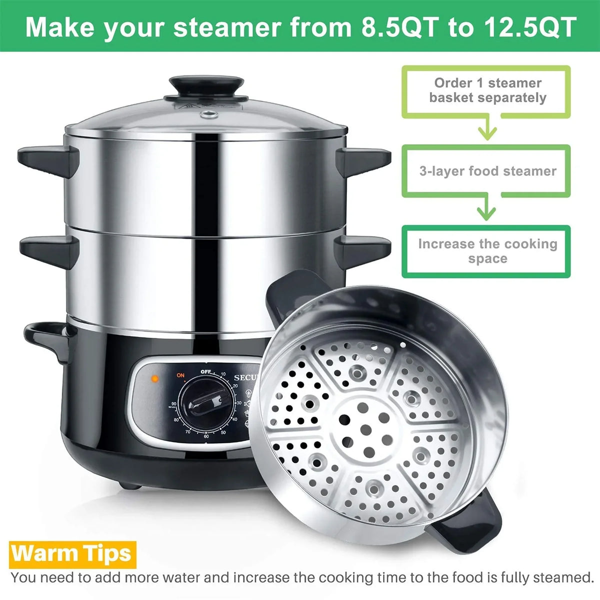 Electric Stainless Steel Food Steamer, 8.5 Qt, 800W