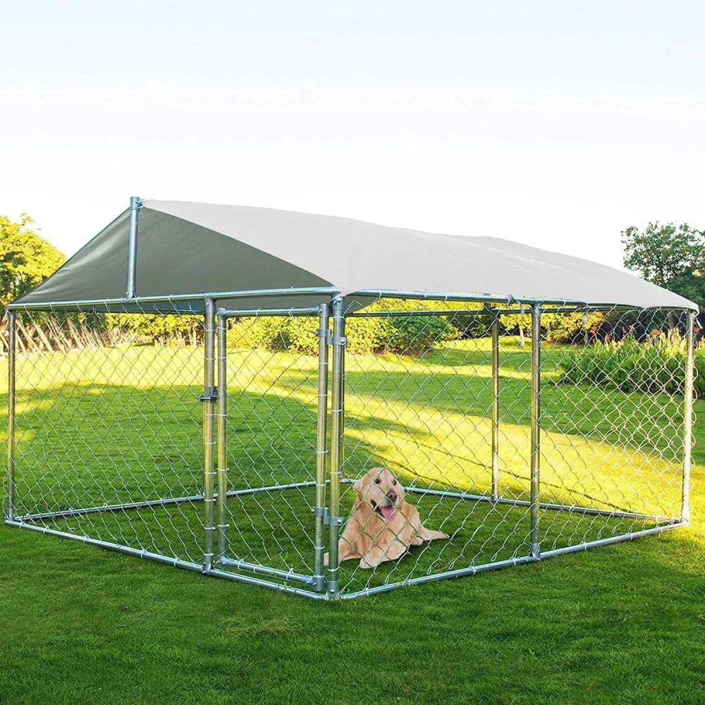 Haverchair Heavy Duty Outdoor Dog Kennel With Water and UV-Resistant Cover, Galvanized Steel, 90in L x 90in W x 63in H