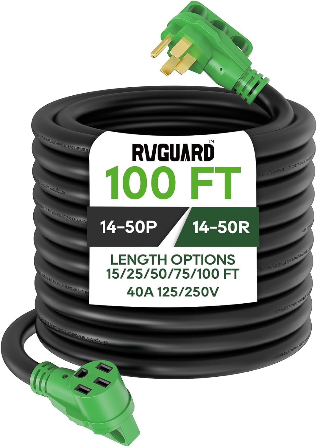 40 Amp 100 Foot RV/EV Extension Cord, NEMA 14-50P/R, Green