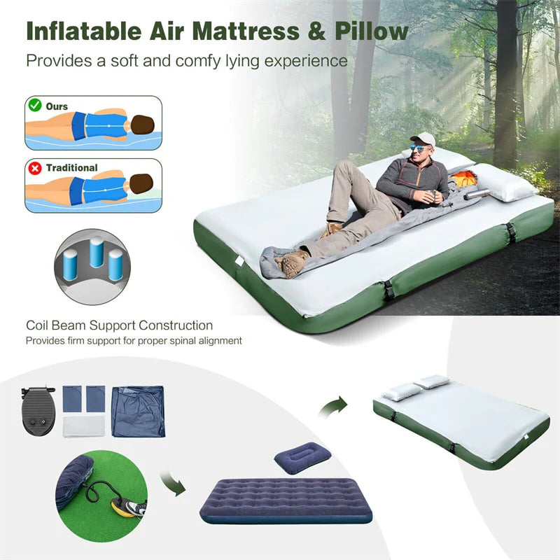 5-in-1 2-Person Portable Camping Tent Cot With Air Mattress, Sleeping Bags And Sunshade - Green & Blue