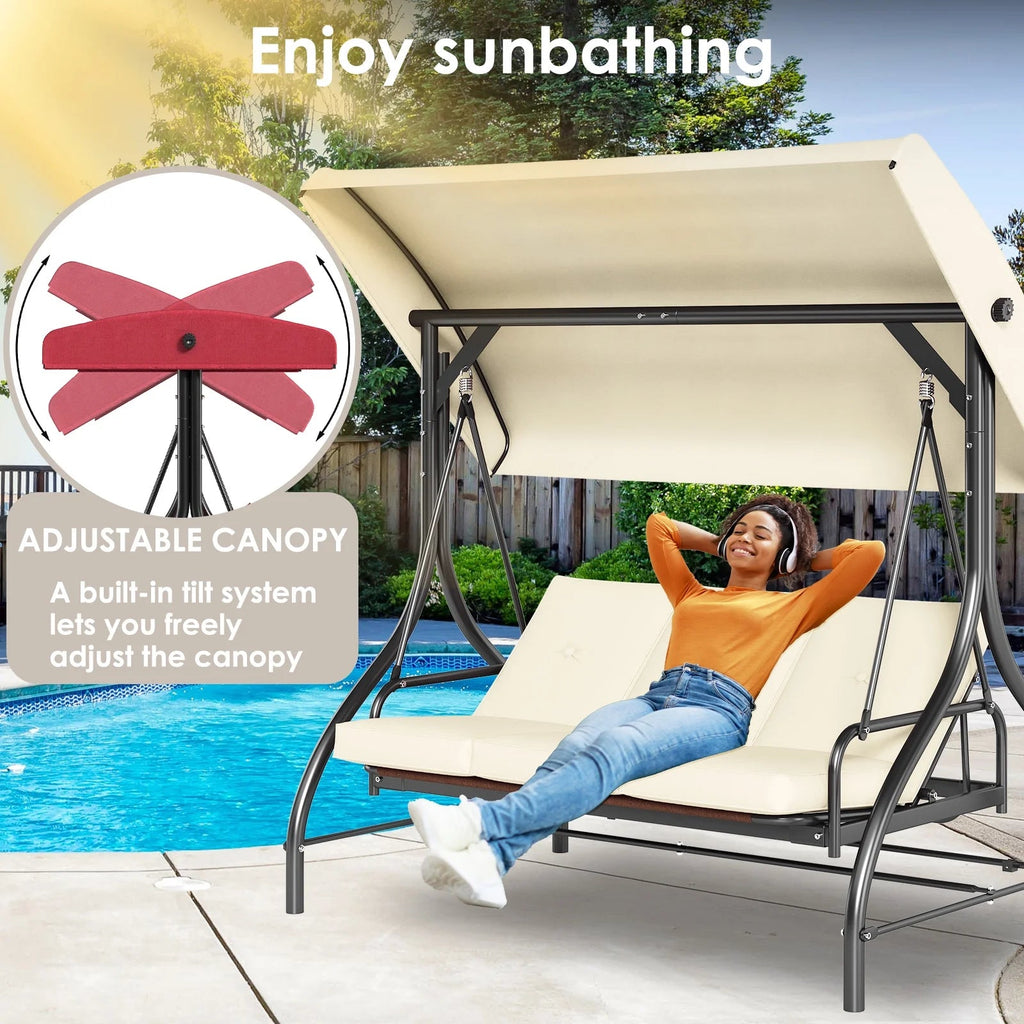 Arlopu 3-Person Outdoor Convertible Porch Swing Glider With Canopy