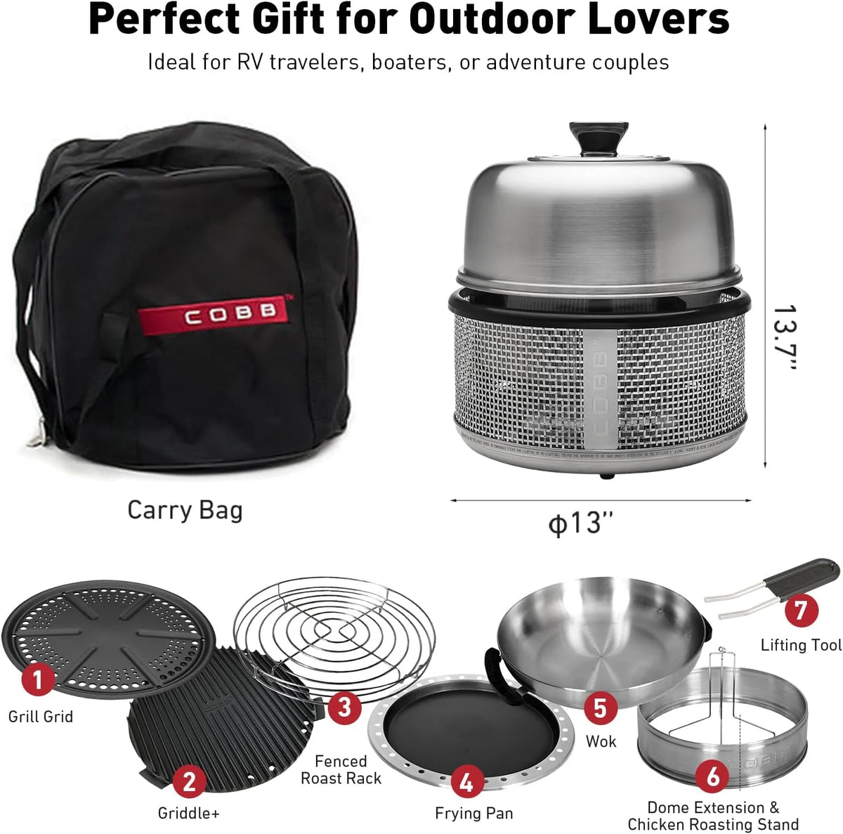 Portable Tabletop Charcoal Grill With Frying Pan, 12.5in D x 11in W x 12.5in H, Stainless Steel