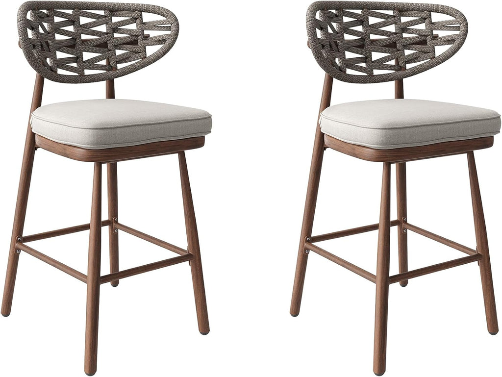 Outdoor Rattan Woven Bar Stools Set Of 2, 29 Inch Bar Height, Teak - Aluminum