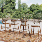 Outdoor Rattan Woven Bar Stools Set Of 2, 29 Inch Bar Height, Teak - Aluminum