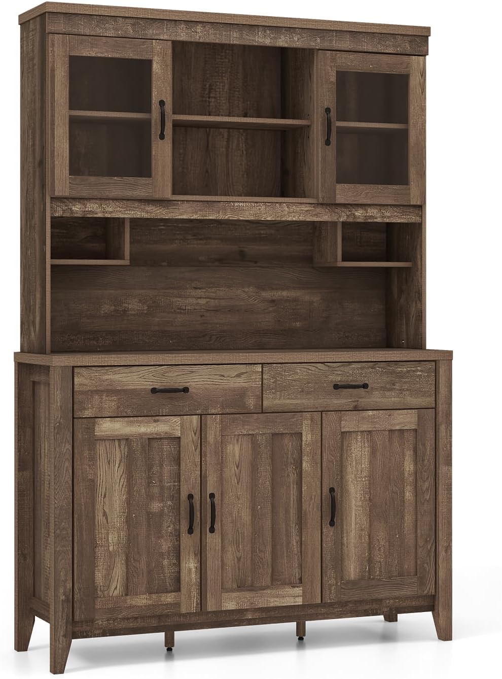 Kitchen Storage Cabinet With Glass Doors, Drawers, Adjustable Shelves, 78.5-Inch High - Rustic Brown