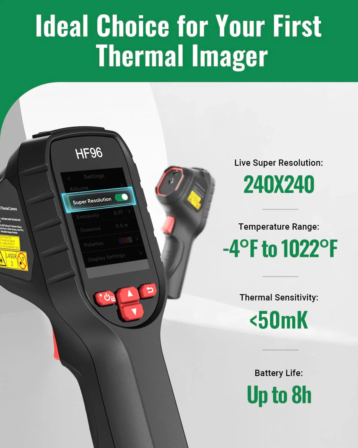 Thermal Imaging Camera With 96 x 96 IR Resolution, 240 x 240 Super Resolution, Laser Pointer - HF96