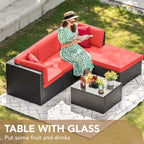 Devoko 5-Piece Outdoor Sectional Patio Sofa Set With Cushions And Glass Table - Beige