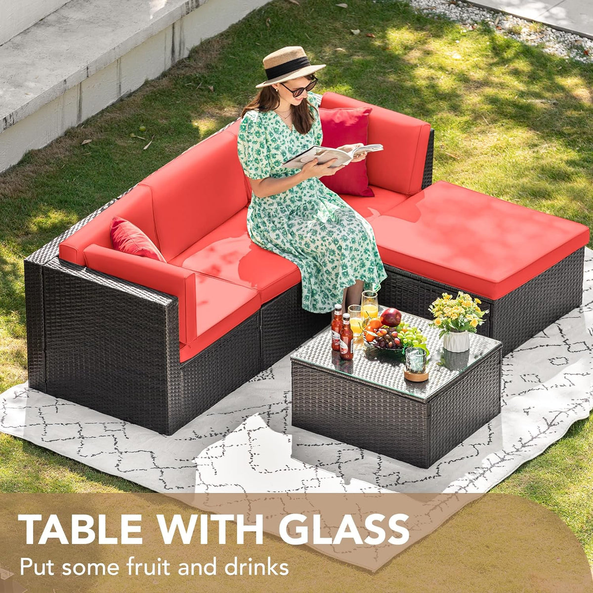 Devoko 5-Piece Outdoor Sectional Patio Sofa Set With Cushions And Glass Table - Beige