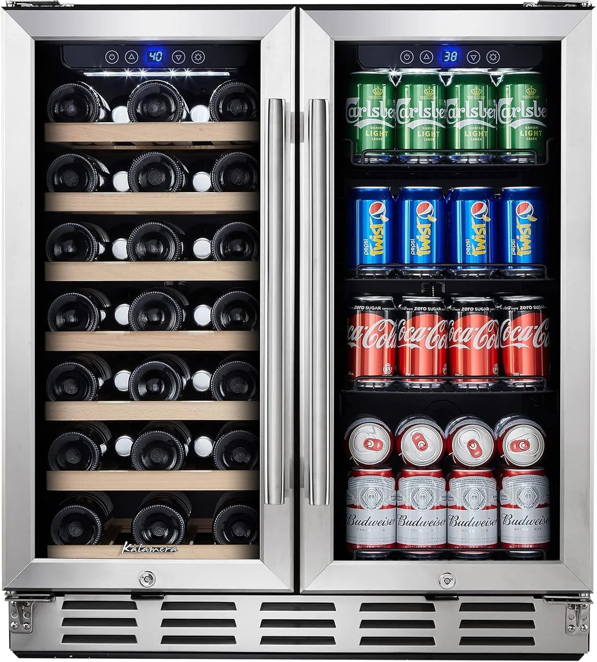 24 Inch Dual Zone Wine Cooler, 46 Bottle, Stainless Steel Reversible Glass Door