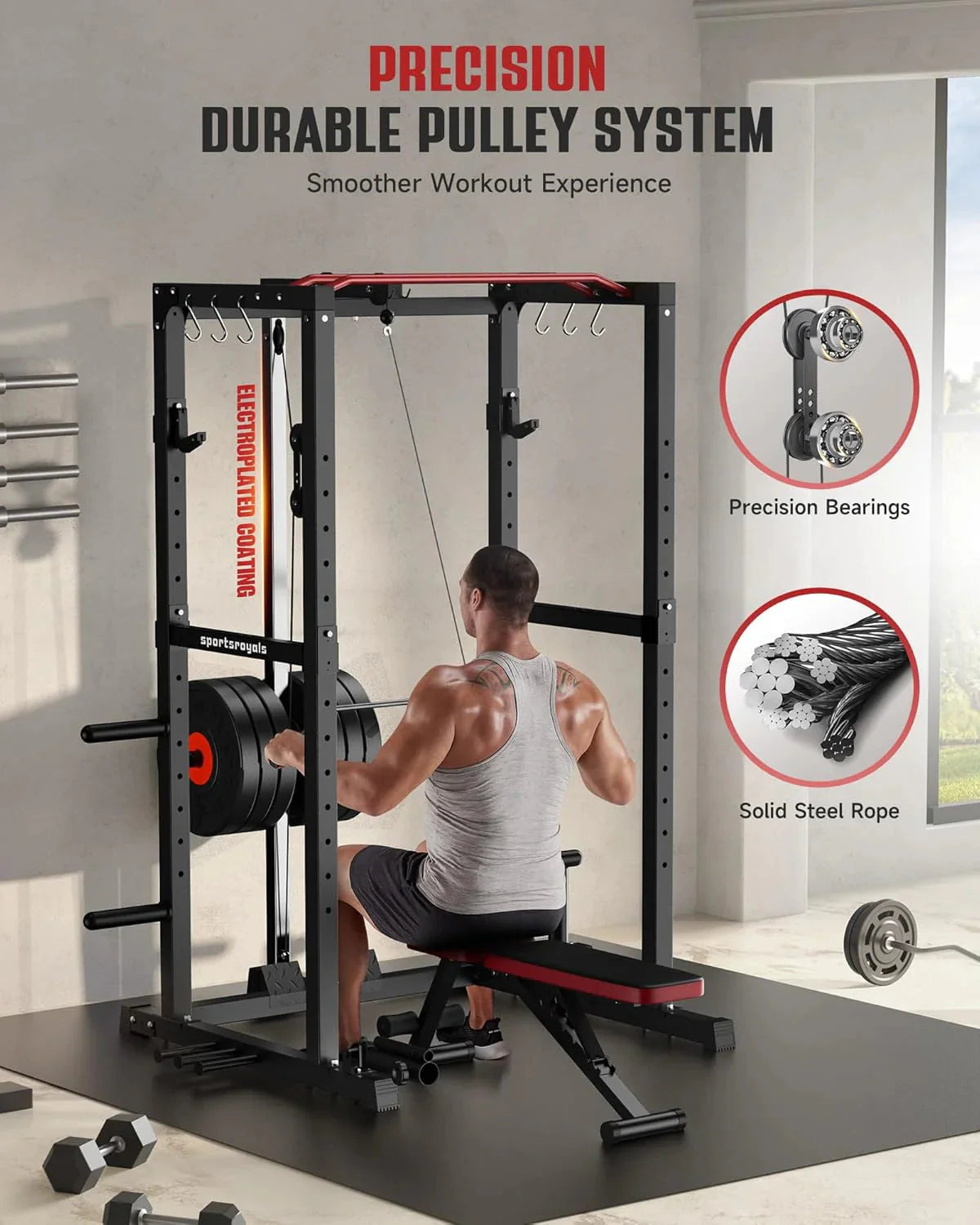 Sportsroyals Power Cage With Adjustable Cable Crossover System, 1600 lbs, Red, 61.6 x 56.0 x 82.6 in - Power Cage