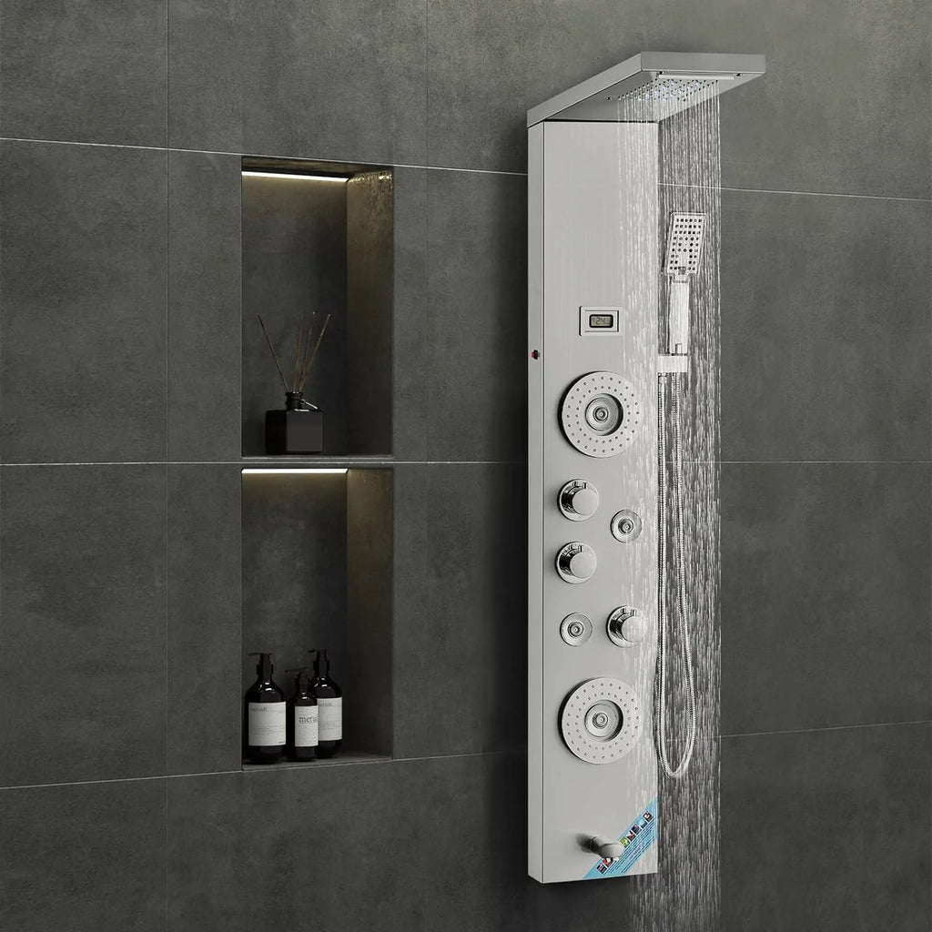 Stainless Steel Shower Panel System, 6 Shower Modes, 4 Massage Jets, Silver - Shower Panel System 6