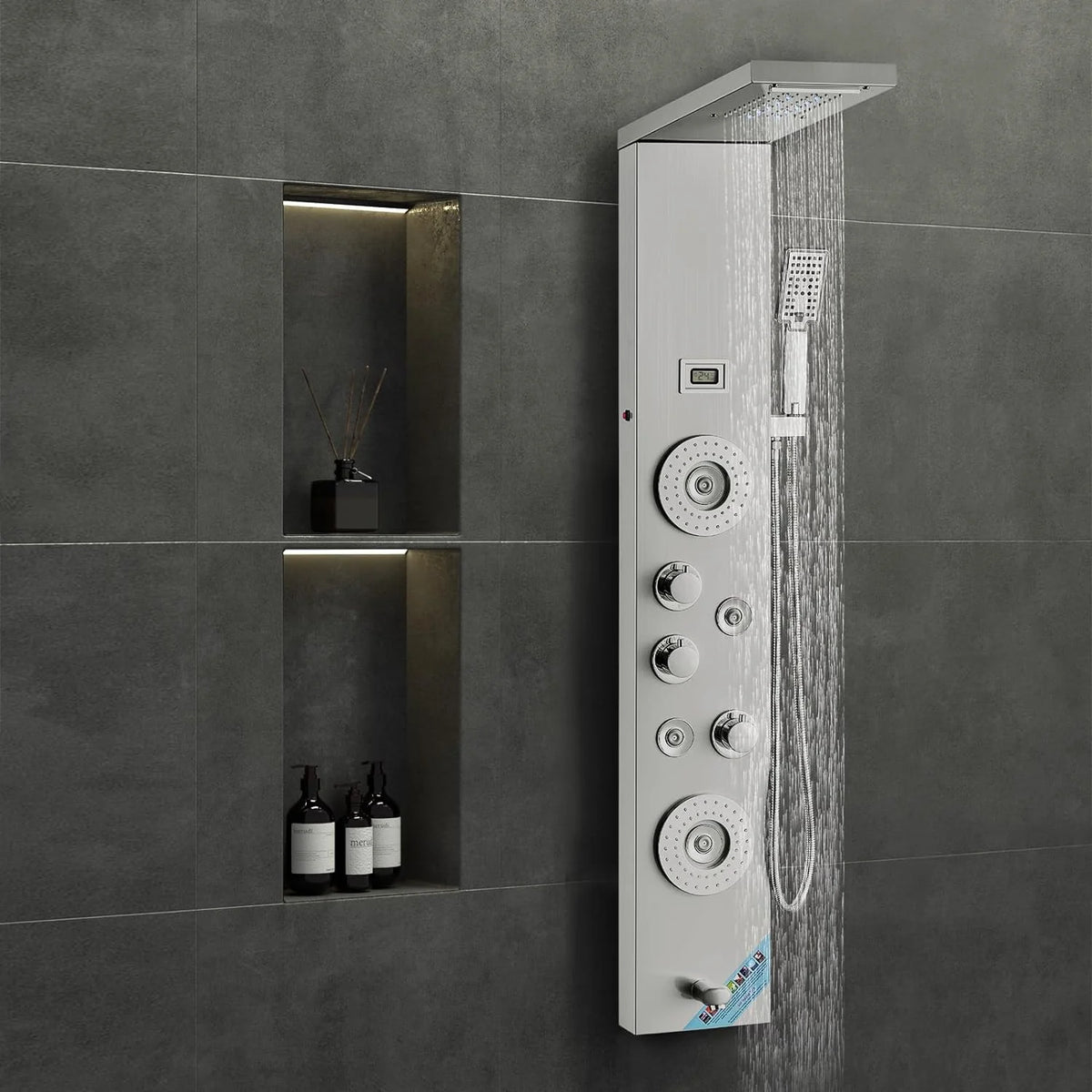 Stainless Steel Shower Panel System, 6 Shower Modes, 4 Massage Jets, Silver - Shower Panel System 6