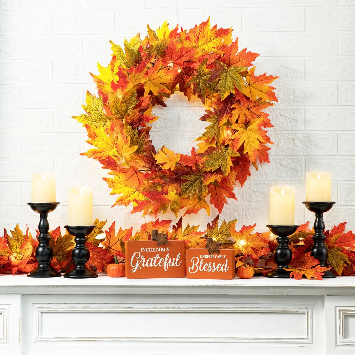 Thanksgiving LED Lighted Fall Maple Leaf Wreath And Garland, 24 in Wreath / 72 in Garland - 20 Clear Lights