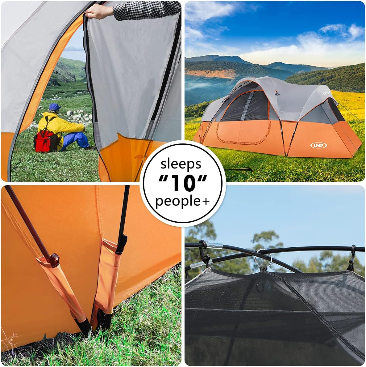 unp 10-Person Camping Tent, 18ft x 9ft x 78in, 2 Rooms, 5 Mesh Windows