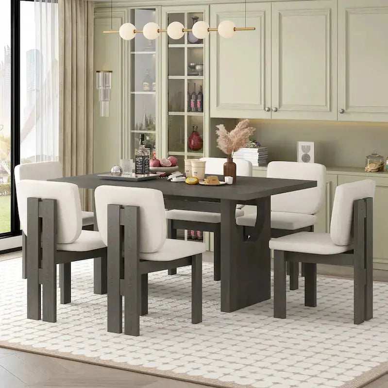 7-Piece Dining Set With Rectangular Trestle Table And 6 Upholstered Chairs