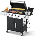 MELLCOM 4 Burner Propane Gas Grill With Cast Iron Grates And Side Stove, 44,000 BTU, Black - BBQ-4+1