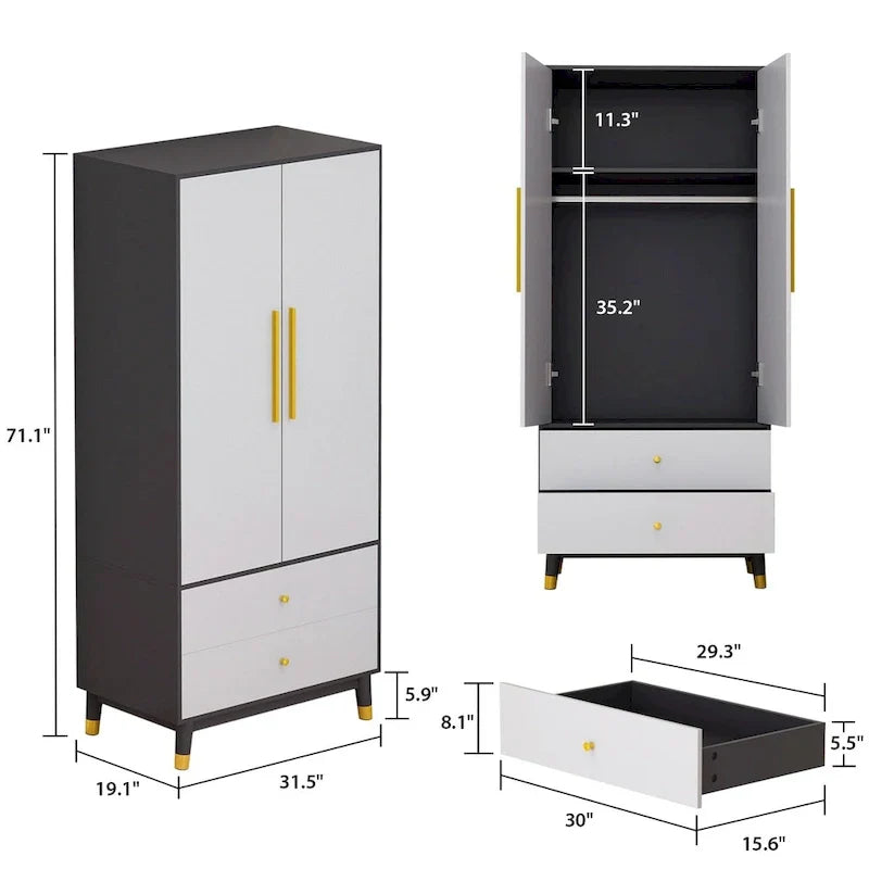 2-Door Wardrobe Closet Armoire With 2 Drawers And Clothes Rail - 70.9H x 31.5W x 19.1D